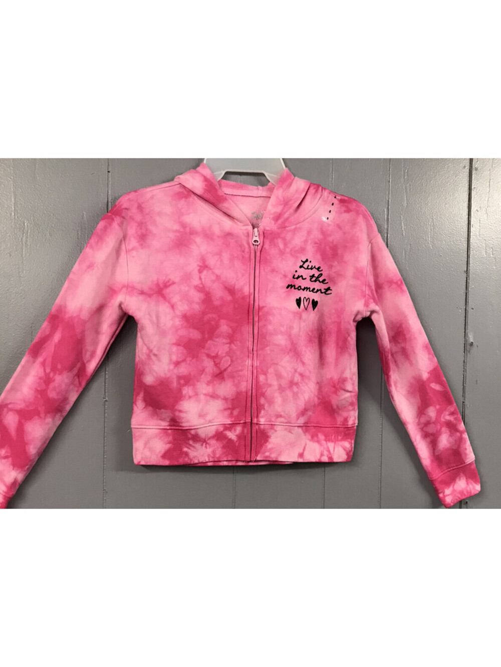 Justice Hoodie. Pink Tye Dye. “Live in the Moment” on Chest. Size Girls 8. NWT